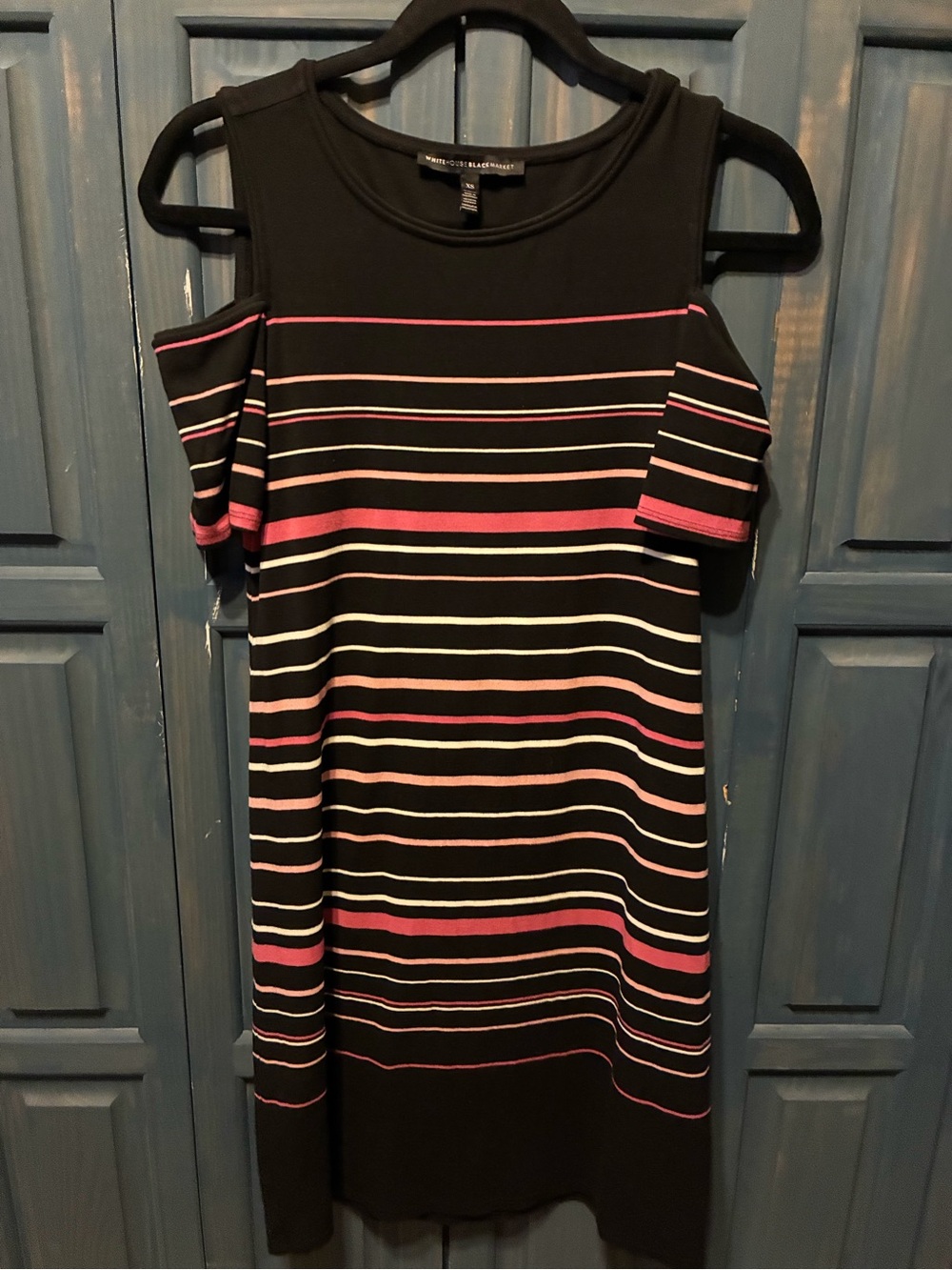 White House Black Market Black Cold-Shoulder Striped Mini Dress